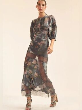 Cynthia Rowley Collection XS Silk Claud Floral  Lace Maxi Dress Puff Sleeves